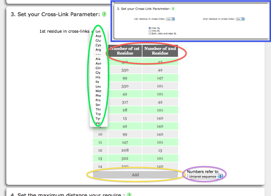 The user either 
provides a list of residue number pairs or chooses a cross-link type.